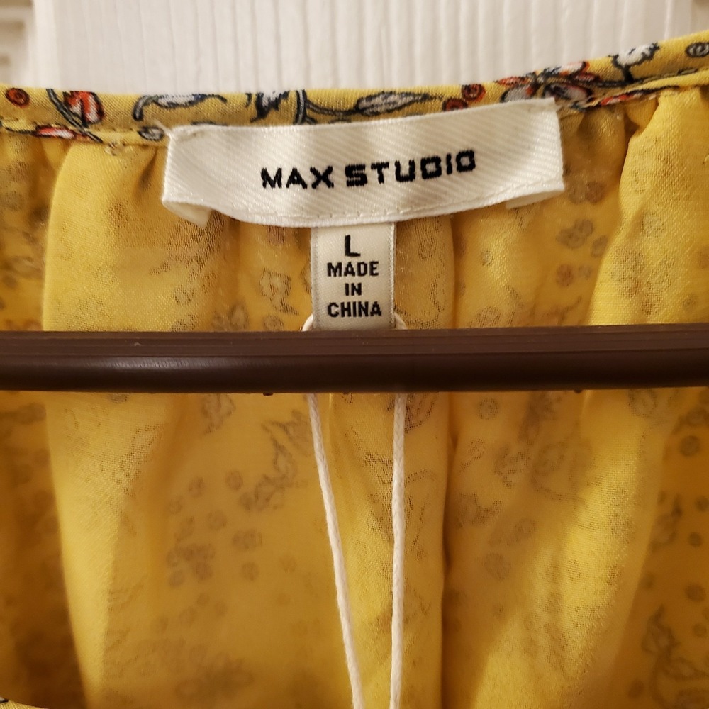Max Studio sz L Gold Mustard Yellow Floral Peasant‎ Boho Top Garden Cottagecore - Picture 5 of 16
